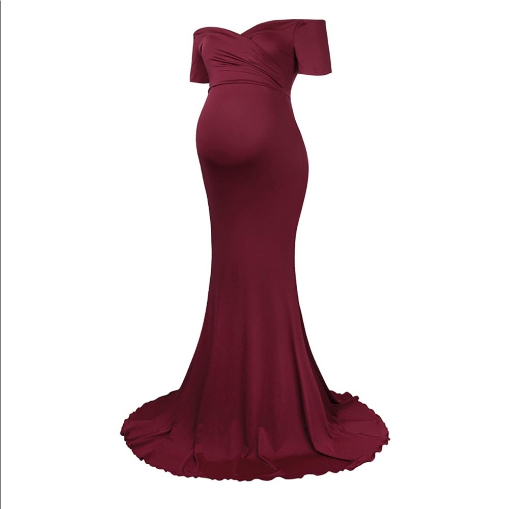 Maternity Long Dress Off Shoulder Fitted Gown: Red
